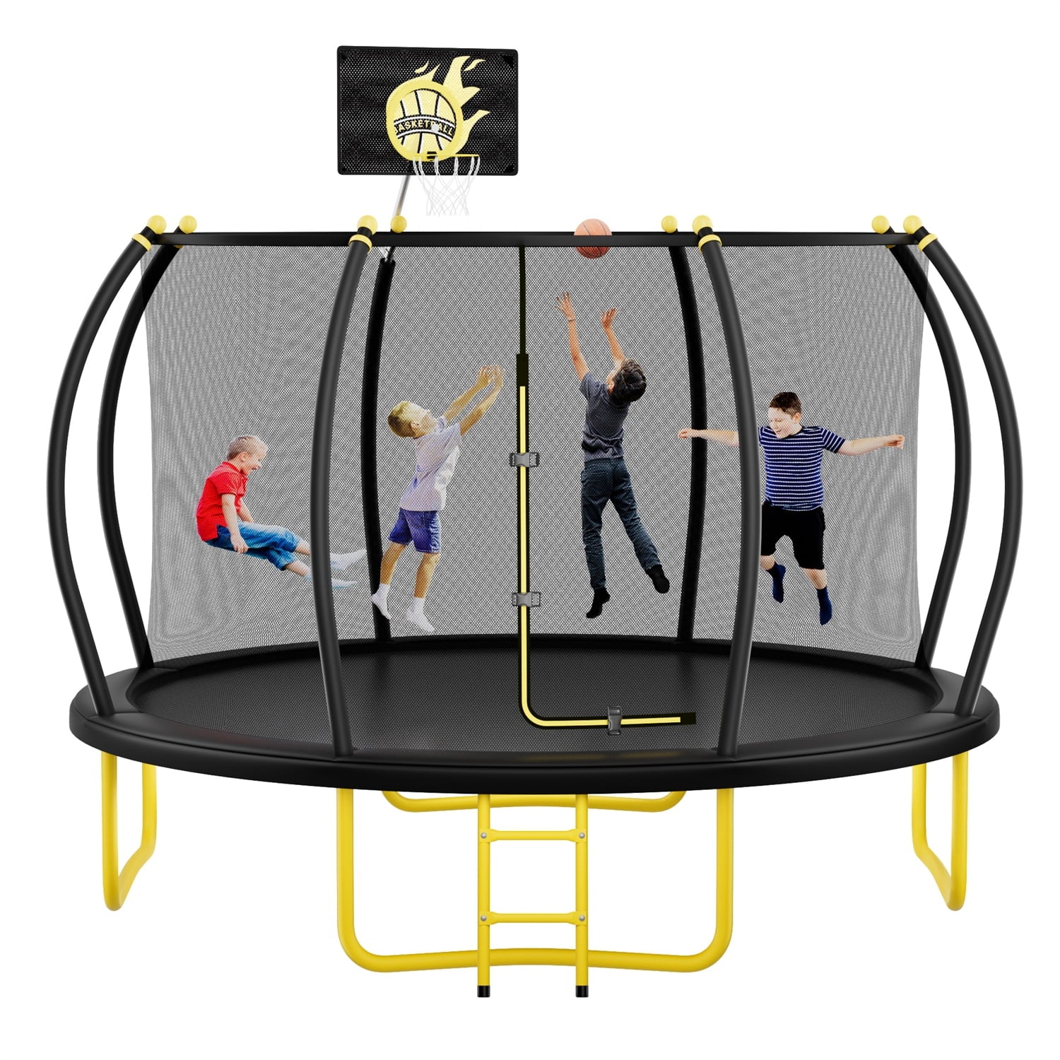 14FT Outdoor Trampoline, Pumpkin Trampolines with No Screws Installation Frame, Curved Poles& Basketball Hoop, Recreational Trampoline for Kids Adults with 880lbs Max Load
