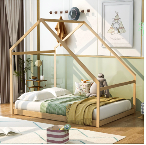 Full Size House Bed, Wooden Floor Bed Frame with Roof for Toddlers Kids Girls Boys, Can be Decorated, Natural 77.8"L x 56.8"W x73.2"H