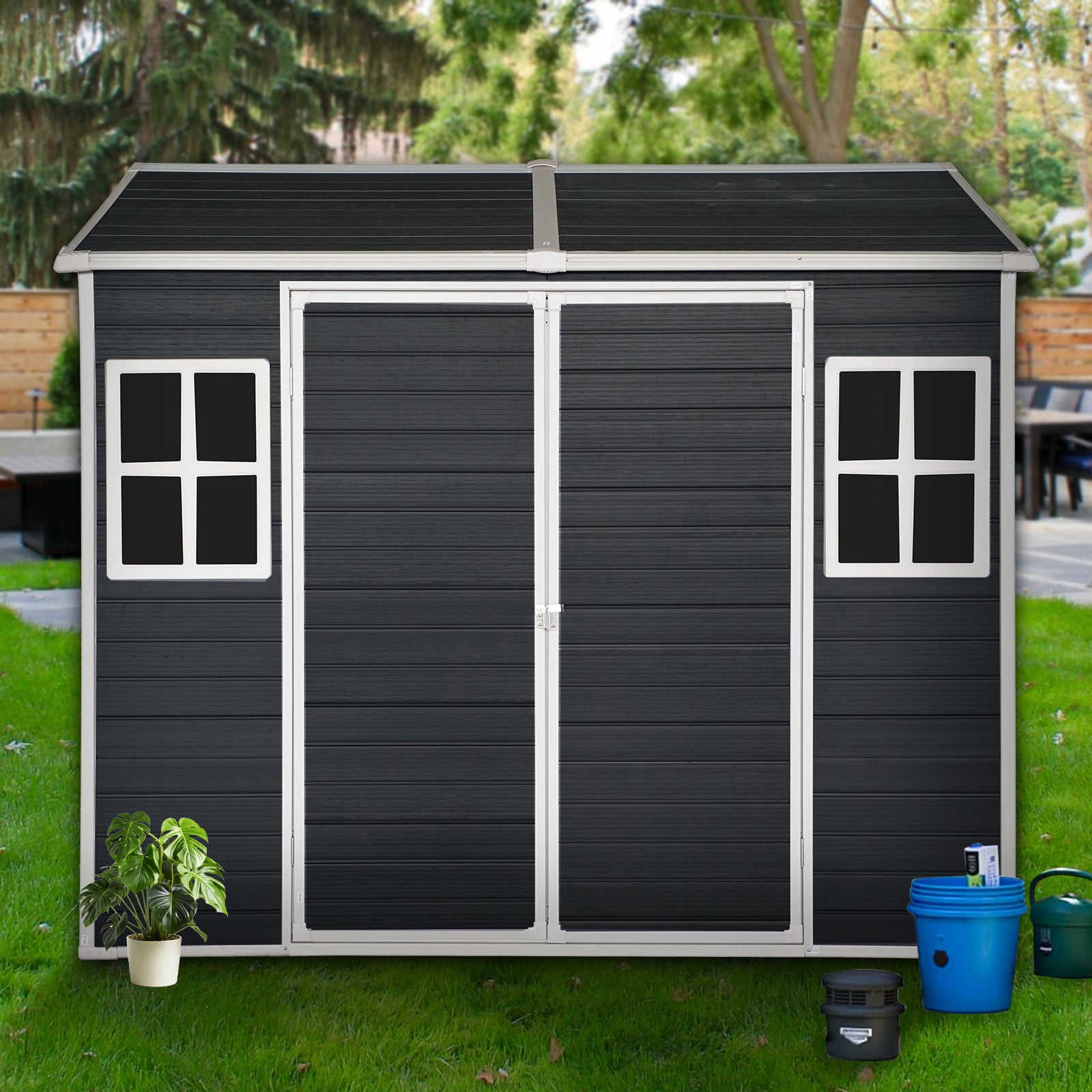 8x6ft Outdoor Resin Garden Shed - with Floor and 2 Windows, Plastic Patio Outdoor Storage Shed with Lockable Door for Garden Tools, Bicycles, Trash Cans, Dark Grey