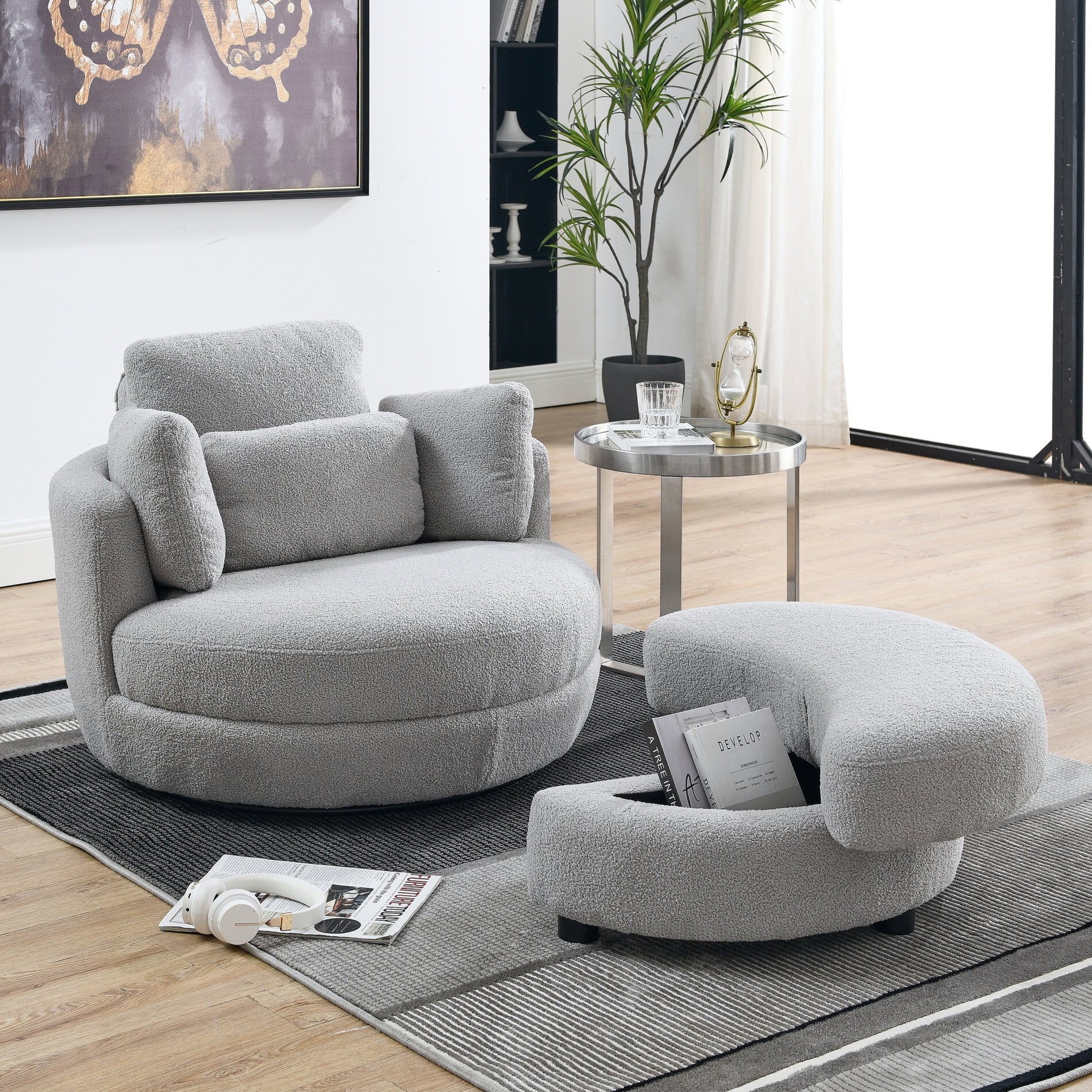 39"W Oversized Swivel Accent Chair with Moon Storage Ottoman, Round Swivel Barrel Chair with 4 Pillows,Loveseat Sofa Chair Lounger Armchair for Living Room,Grey