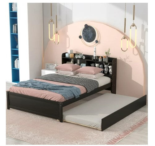 Twin Bed with Trundle, Twin Size Platform Bed with Bookcase Headboard and Pull Out Trundle Bed for Kids Teens Adults, Wooden Twin Bed Frame with Storage Shelves, Bed Frame for Living Room, Espresso