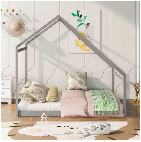 Full Size House Bed, Wooden Floor Bed Frame with Roof for Toddlers Kids Girls Boys, Can be Decorated, Gray 77.8"L x 56.8"W x73.2"H