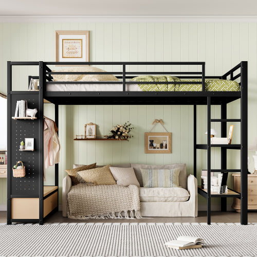 Triple Tree Queen size Loft Bed Frame with Wardrobe,Metal Loft Bed with Storage Shelves and Pegboard,Black