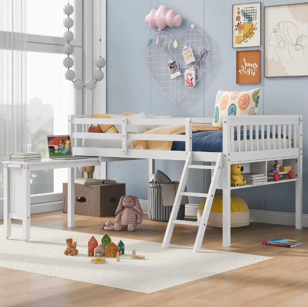 Full Size Loft Bed Frame With Removable Desk and Cabinet, Wooden Loft Bed With Wood Slats Support and Safty Guardrails, Low Loft Bed for Kids Teens Bedroom, No Box Spring Needed (White-Full)