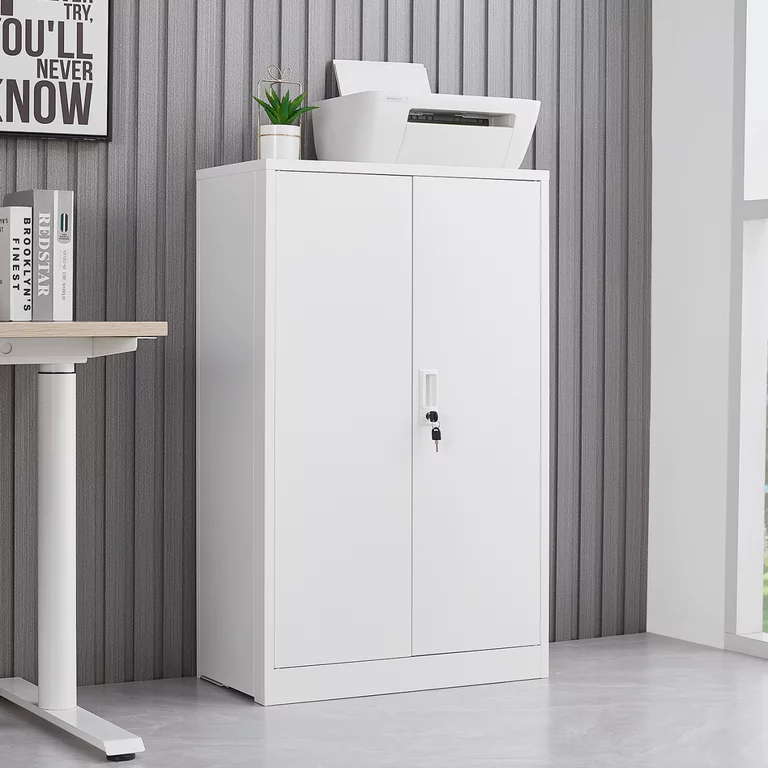 Metal Storage Cabinet with 2 Locking Doors and Adjustable Shelf, 42" Folding Filing Storage Cabinet, Square Folding Storage Locker Cabinet for Home Office Warehouse School Garage, White