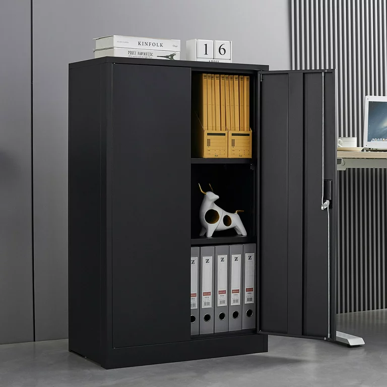 Metal Storage Cabinet with Locking Doors and 2 Adjustable Shelf, 42" Folding Filing Storage Cabinet, Square Utility Lockable Storage Cabinets for Home Office Warehouse School Garage, Black