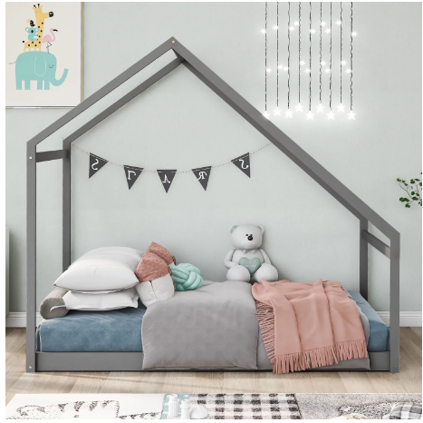 Twin Size House Bed, Wooden Floor Bed Frame with Roof for Toddlers Kids Girls Boys, Can be Decorated, Gray 80.3"L x 41"W x73.2"H