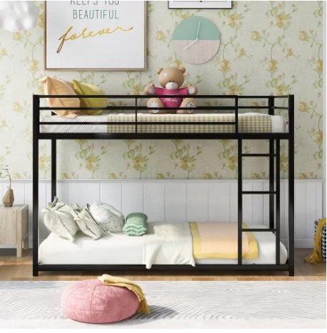 Twin Over Twin Low Bunk Bed for Kids Teens Adults, Metal Bunk Bed Frame with Ladder and Safety Guardrails, Load-Bearing 350lb, Noise Free, Black 77.1''Lx40.9''Wx53.7''H