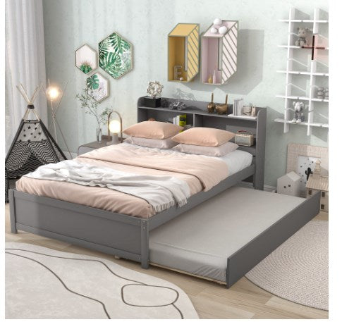 Twin Bed with Trundle, Twin Size Platform Bed with Bookcase Headboard and Pull Out Trundle Bed for Kids Teens Adults, Wooden Twin Bed Frame with Storage Shelves, Bed Frame for Living Room, Gray