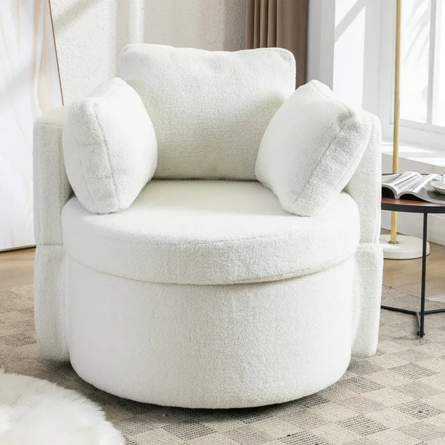33.9" Swivel Barrel Chair with Storage, Teddy Fabric Upholstered Accent Chair with 3 Pillows, Swivel Round Sofa Chair for Nursery, Hotel, Bedroom, Office, Lounge