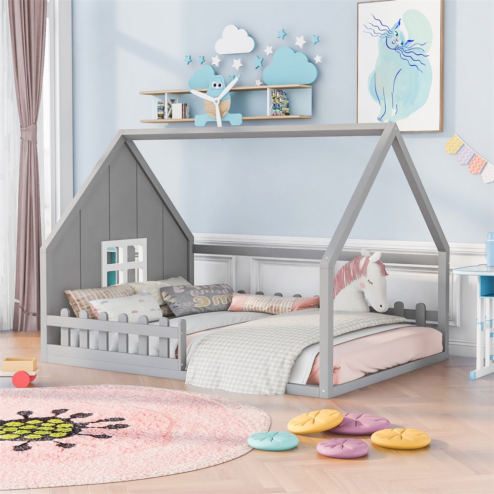 Full Size House Floor Bed Frame with Full-length Guardrail, Wood House Bed with Window and Fence, Floor Bed Full with Wooden Support Slats for Boys and Girls, Weight Capacity 400 Pounds, Gray