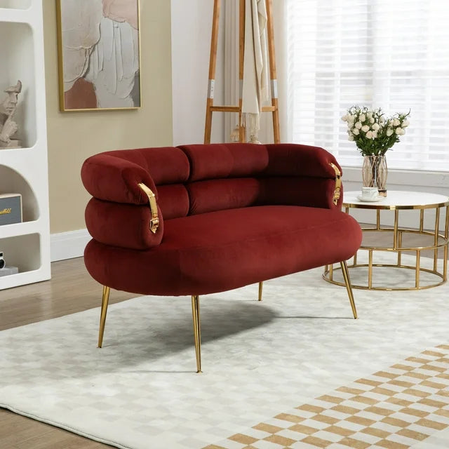50" Small Loveseat Sofa, Mid Century Modern Velvet 2-Seat Couch Tufted Love Seat with Metal Frame and Tapered Golden Feet for Living Room, Bedroom, Apartment and Small Space, Wine Red