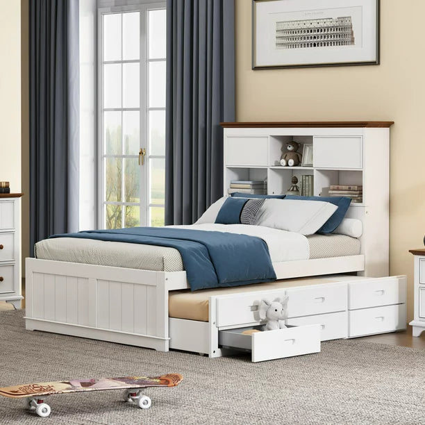 Full Size Bed Frame with Trundle & 3 Under Bed Drawers, Solid Pine Captain Bed with Storage Bookcase Headboard, for Kids, White+Walnut