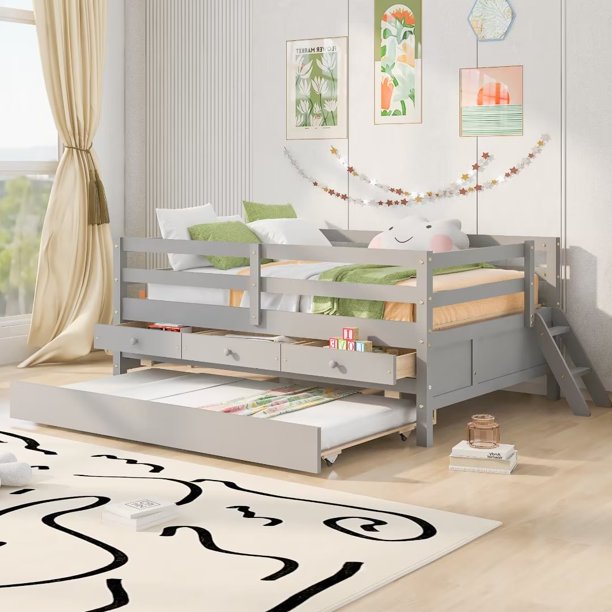 Full Size Low Loft Bed with Trundle and 3 Drawers, Solid Wood Loft Bed Frame with Full Safety Fence and Climbing Ladder for Kids Girls Boys, No Box Spring Needed, Gray