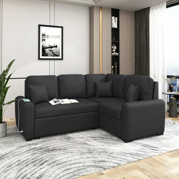 L-Shaped Sectional Sofa with USB Charging Port and Plug Outlet, 76.7" Reversible Sleeper Sofa with Pull-Out Sofa Bed and 3 Pillows, Modern Velvet Upholstered Chaise for Living Room, Black