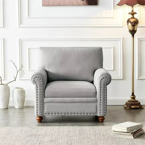 Accent Chair, Upholstered Armchair with Nailheads and Rolled Arms, Living Room Chair with Solid Wood Legs, Gray
