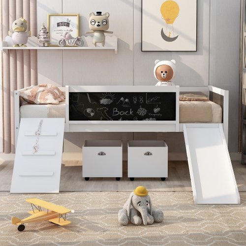 Low Loft Bed with Slide and Two Storage Boxes, Chalkboard, Wood Twin Size Loft Bed with Climbing Frame and Rope (White, Loft Bed)
