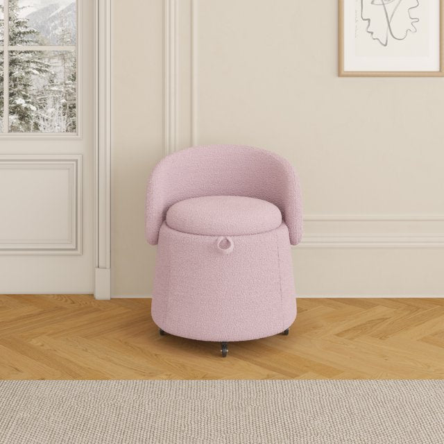 Storage Ottoman with Wheels, Foot Stool Ottoman Foot Rest with Thicker Foam Backrest and Padded Seat Modern Teddy Fleece Ottoman with Storage Short Sofa Stool for Living Room Bedroom, Pink