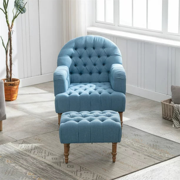 Accent Chair with Ottoman Set,Button-Tufted Upholstered Chair Set,Mid-Century Sofa Chair Reading Chair with Solid Wood Legs,Linen Fabric Arm Chair Single Sofa Chair for Living Room Bedroom,Blue