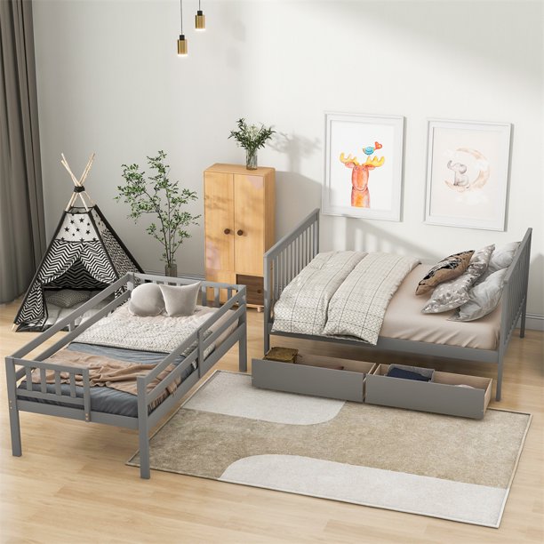 Bunk Bed with 2 Drawers and Storage Staircases, Solid Wood Twin Over Full Bunk Bed Frame with Safety Guardrail, Headboard, Footboard and Handrails, Convertible into 2 Beds, No Box Spring Needed, Grey