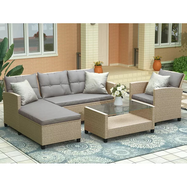 4 Piece Outdoor Patio Furniture Sets, Wicker Ratten Sectional Sofa Armchair with Seat Cushions, Conversation Set for Backyard Garden Lawn Balcony Pool, Beige Brown
