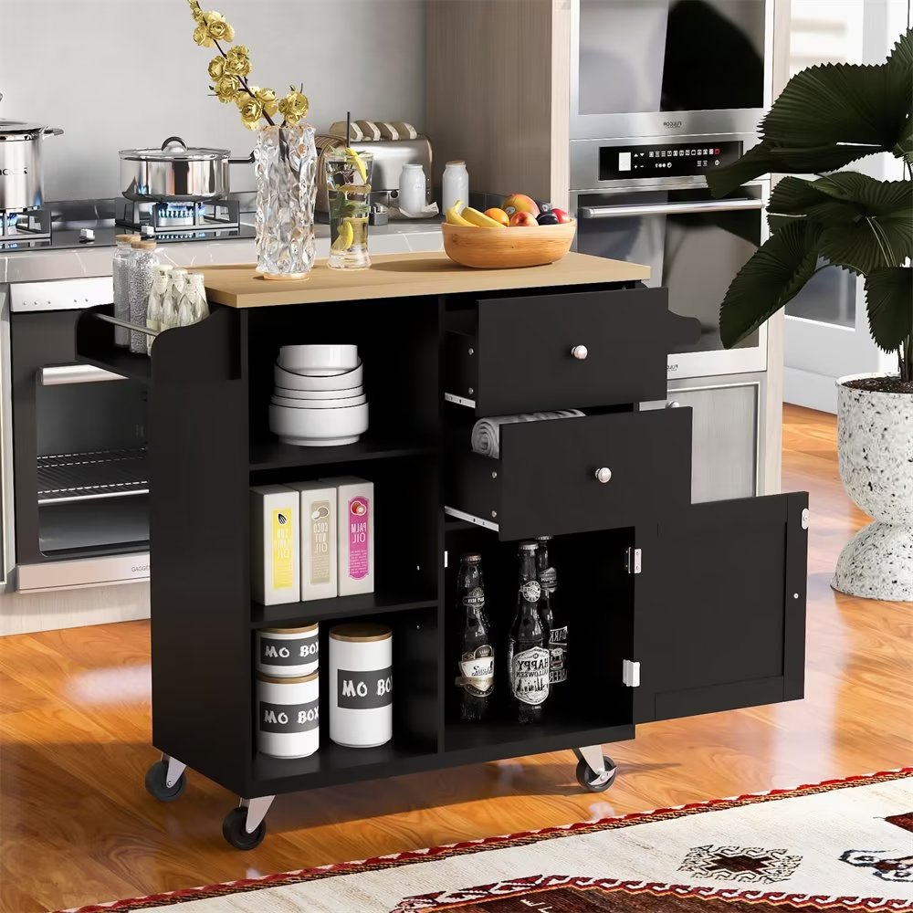 Kitchen Island on Wheels, Portable Kitchen Cart with 1 Storage Cabient, 2 Drawers and 3 Open Shelves, Rolling Kitchen Island with Lockable Rollers, Towel Holder and Spice Rack, Black
