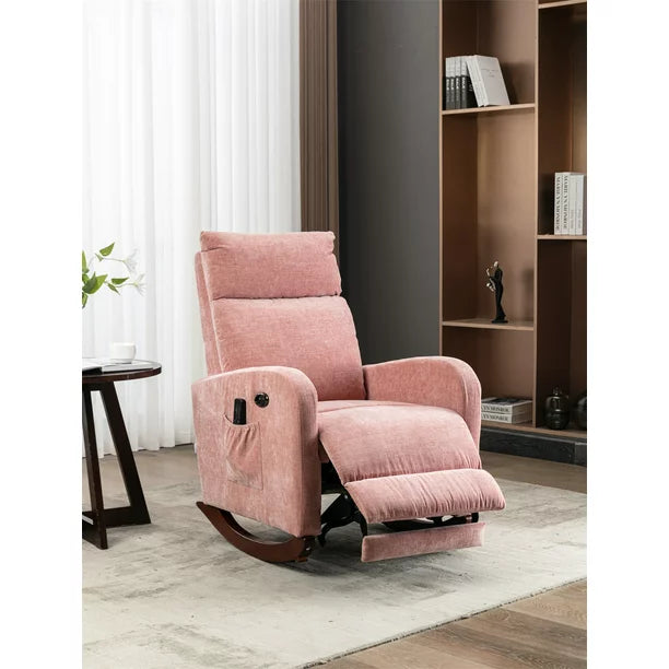 Electric Massage Rocking Chair, Modern Upholstered Nursery Glider Rocker with Vibrating Massage and Extending Footrest, Comfy High Back Armchair Single Sofa Chair with Wooden Base & Side Pocket, Pink