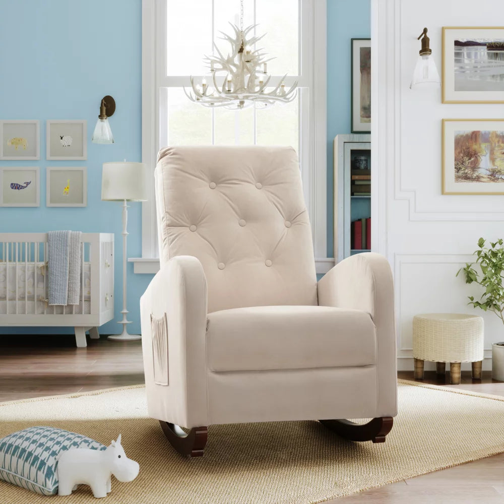 High Back Rocking Chair, Comfortable Rocker with Fabric Padded Seat and Side Pocket, Modern Nursery Armchair, for Living Room Bedroom Baby Room, Beige