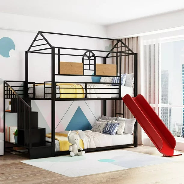 Twin Over Twin Bunk Bed with Slide and Storage Stair, Metal House Bunk Bed Frame with Full-Length Guardrails, Kids Playhouse Bed for Kids Teens Bedroom, Black with Red Slide