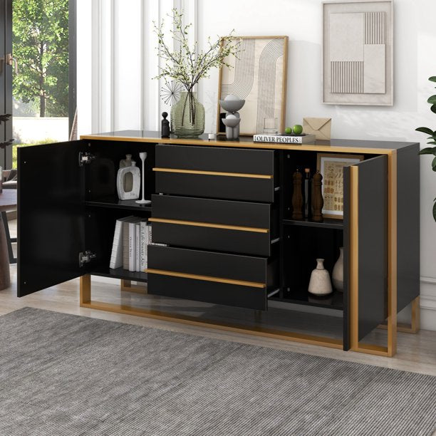 Modern 59"L Buffet Sideboard Cabinets with 3 Drawers and Adjustable Shelves, Wooden Storage Cabinet with Gold Metal Legs, Cupboard Console Table for Living Room, Dining Room, Entryway(Black)