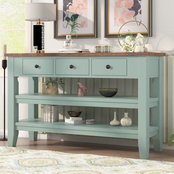 Accent Large Storage Cabinet Sideboard, Modern Console Table Sofa Table with 3 Drawers and 2 Shelves, for Living Room, Solid Wood Top, 48'', Green