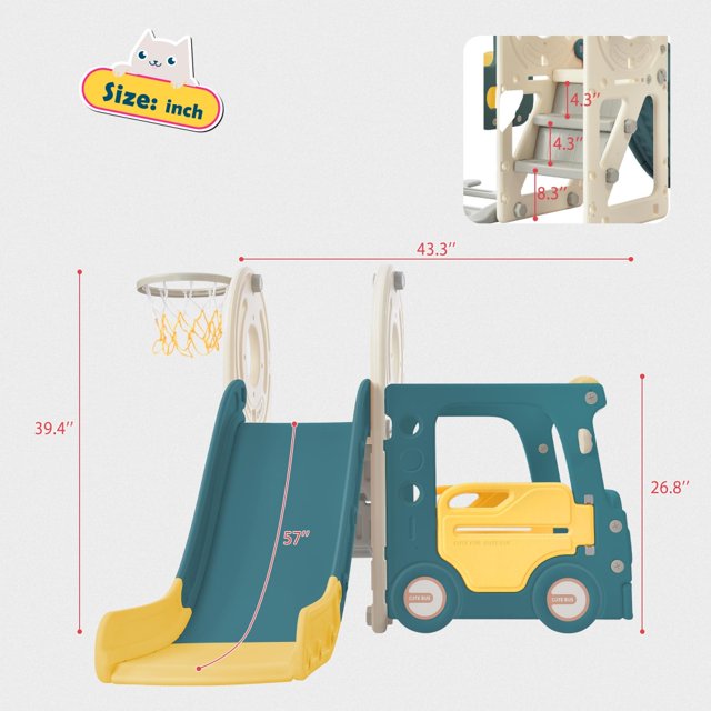 Toddler Kids Slide with Bus Play Structure, Kids Play Climber Slide Playset Bus Toy with Basketball Hoop, Freestanding Bus Slide Set Easy Assembly Indoor Outdoor for Boys Girls, Yellow