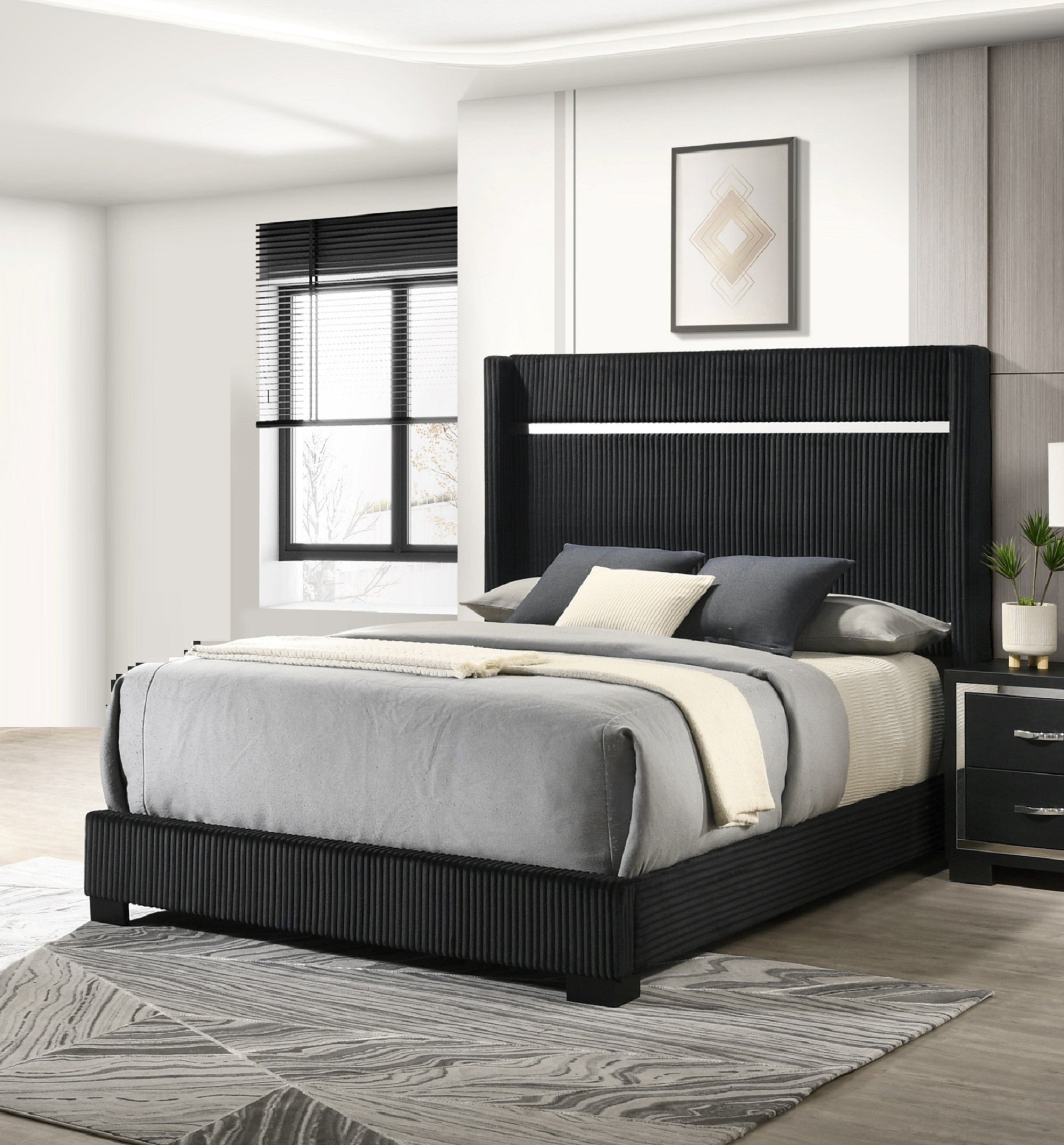 Triple Tree Contemporary Upholstered Queen Size Bed Channel Tufting Black Finish Bedroom Furniture