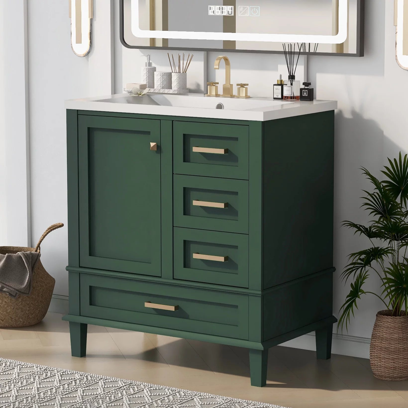 30" Bathroom Vanity in Green, Modern Bathroom Cabinet with Sink Combo Set, Bathroom Storage Cabinet with a Soft Closing Door and 3 Drawers, Solid Wood Frame&MDF