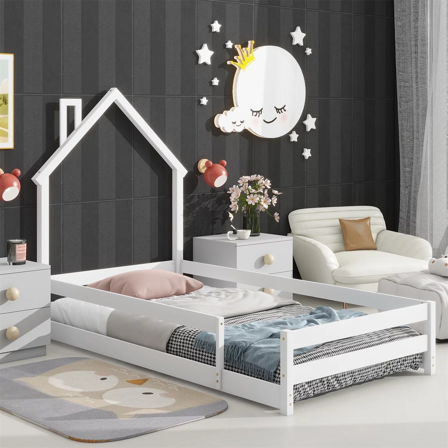 Twin Floor Bed for Kids Toddlers, Wooden Montessori Bed Frame with House-shaped Headboard and Fence Guardrails, Playhouse Bed Tent Bed for Boys Girls Bedroom, Easy Assembly, White