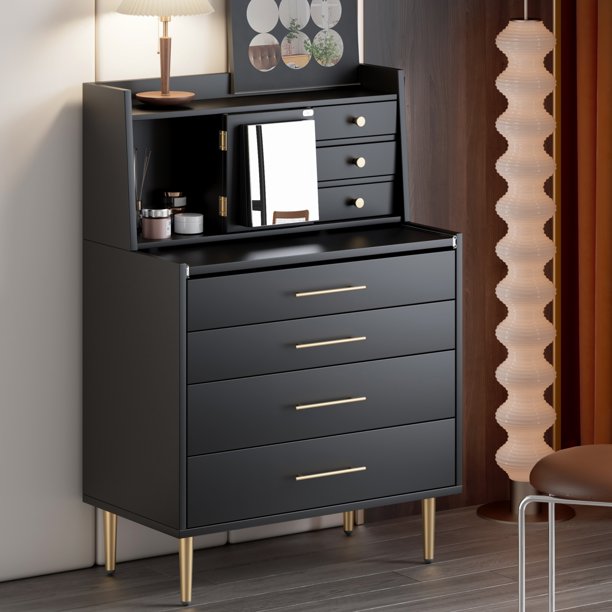 Storage Dresser, Elegant Vanity Makeup Table with Mirror and Retractable Table, Functional Storage Dresser Dressing Table with 7 Drawers and Hidden Storage for Bedroom, Black