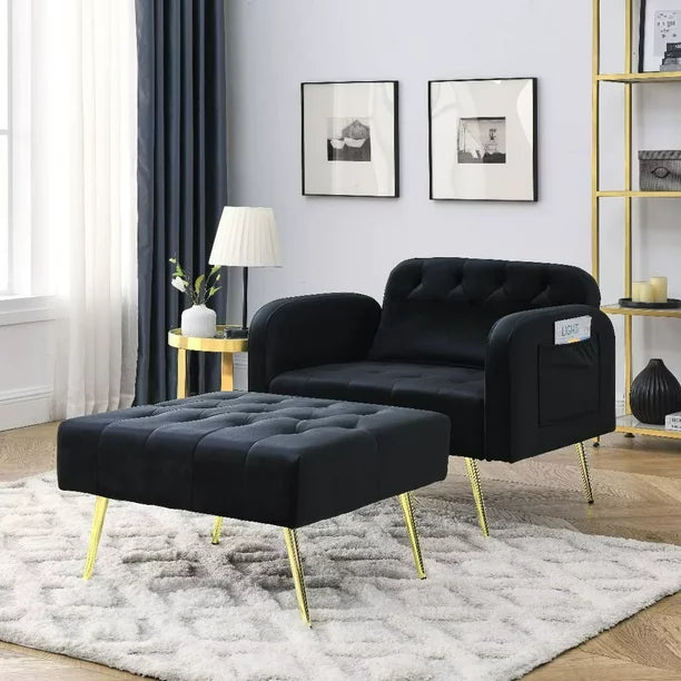 Modern Velvet Accent Chair with Ottoman, Recliner Sofa Chairs Armchair with Adjustable Backrest & Golden Metal Legs, Upholstered Lounge Chair Reading chair for Bedroom Living Room Home Office, Black