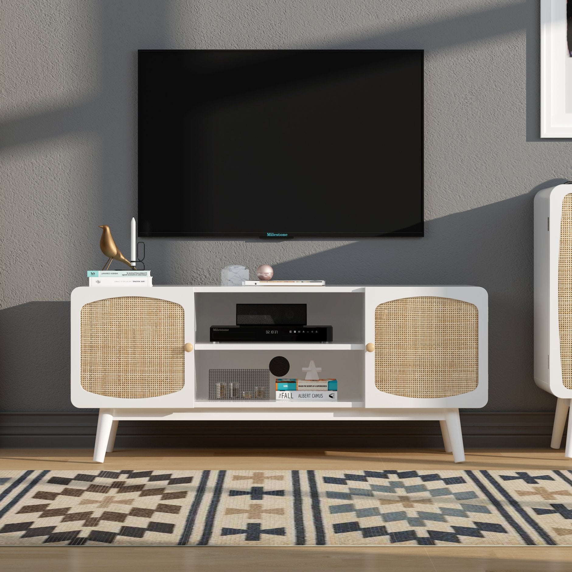 TV Stand with Storage and Rattan Door,Entertainment Center,Television Stands with Shelf,Boho TV Console for Bedroom,Living Room,White