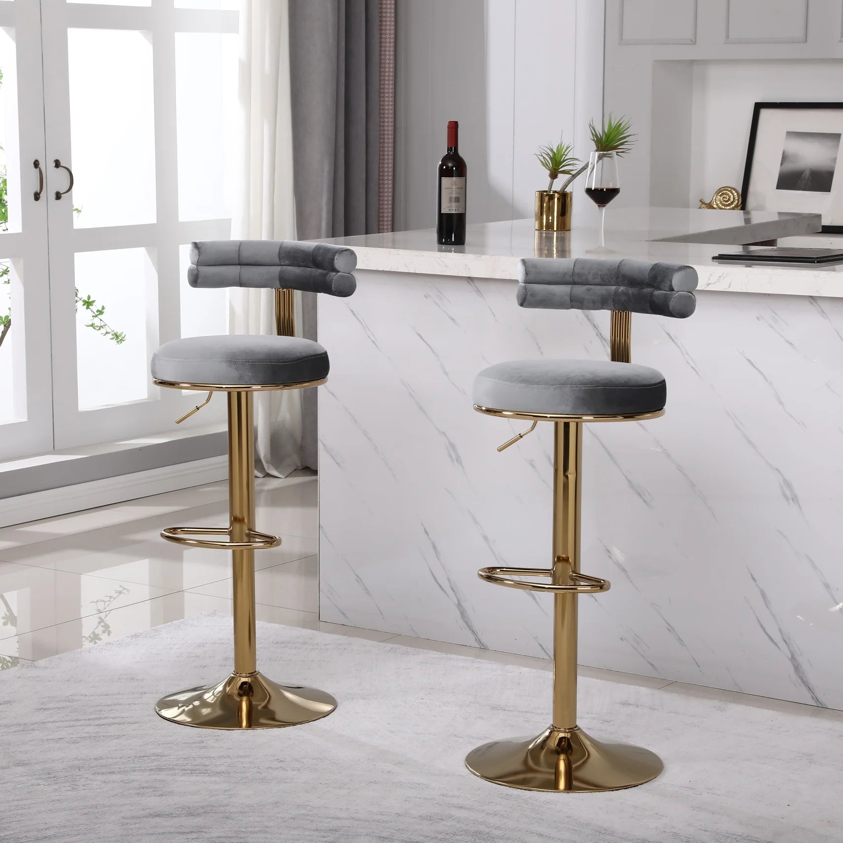 2 PCS Bar Stools with Back and Footrest,Adjustable Retro Style Velvet Counter Swivel Bar stools, Modern Counter Height Dining Upholstered Chairs for Kitchen Island, Cafe, Pub, Grey