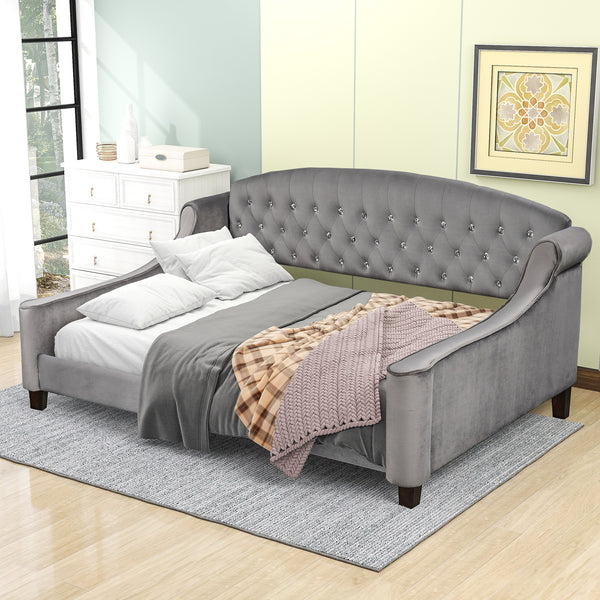 Full Size Daybed with Button Tufted Decoration, Upholstered Sofa Bed with Curved Arms, Multifunctional Platform Bed Frame for Bedroom Living Room, No Box Spring Needed, Gray
