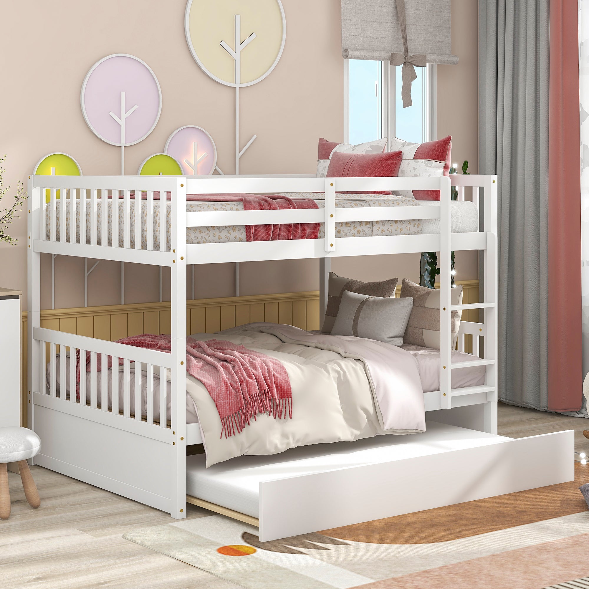 Full Over Full Bunk Bed, Solid Wood Montessori Bed Frame with Safety Guardrails, Trundle and Ladder, 3 In 1 Full Size Platform Bed for Kids, Teens, Bedroom, Living Room, Noise Free, White