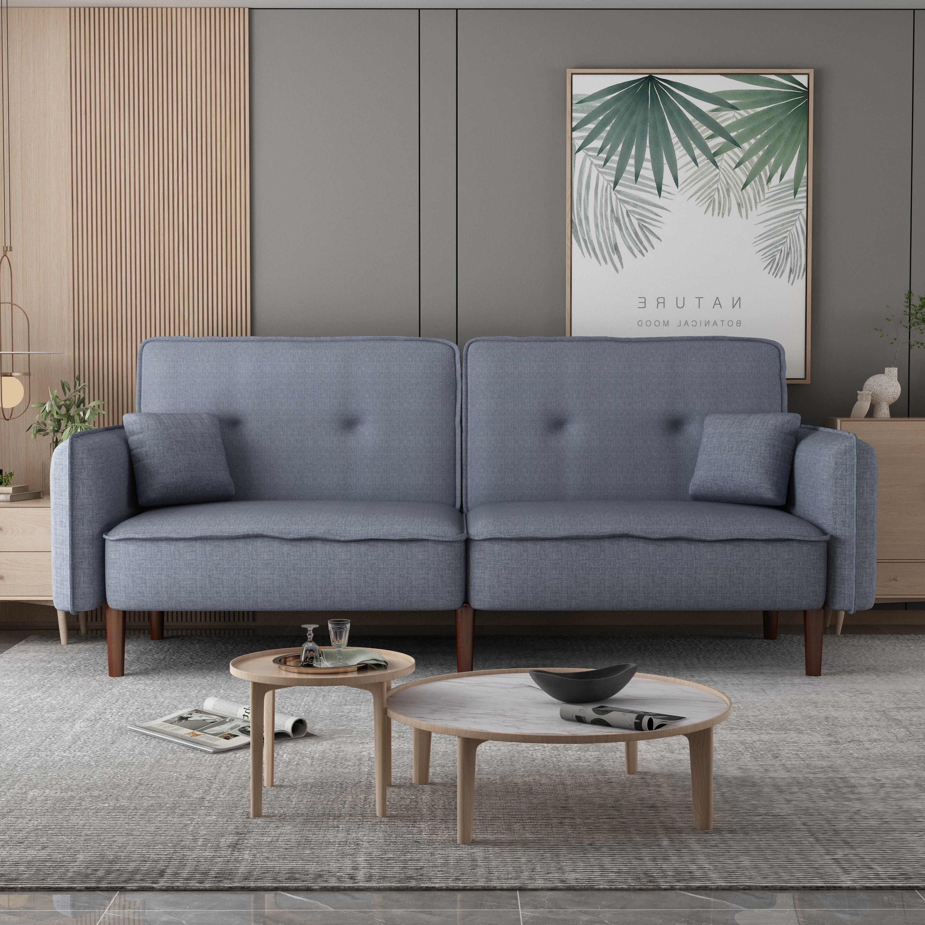 Convertible Futon Sofa Bed with 2 Pillows, Upholstered Fabric Sleeper Couch with Adjustable Backrest and Wood Legs, Living Room Bedroom Leisure Loveseat Sofa, Gray