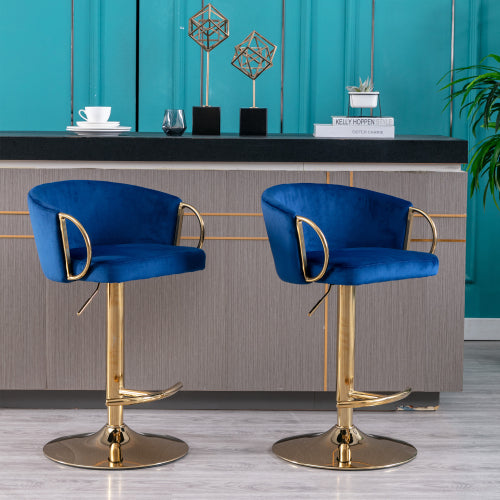 Bar Stools Set of 2,Velvet Counter Height Bar Stools with Chrome Footrest and Gold Base,Swivel Height Adjustable Barstools for Kitchen Island,Pub,Dining Room,Navy