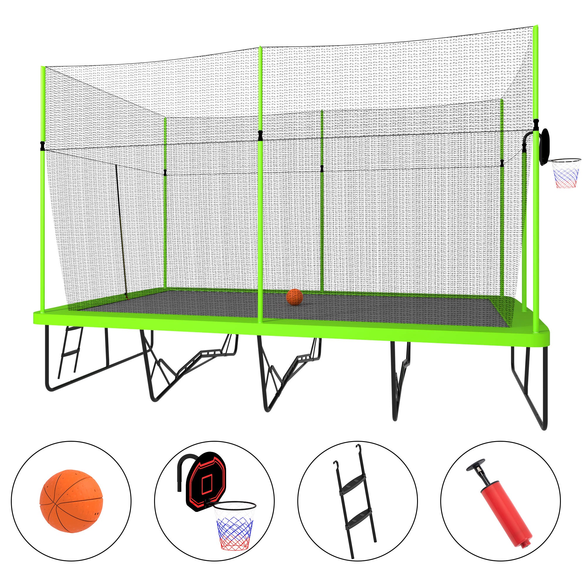10x17FT Rectangular Trampoline with Basketball Hoop, Gymnastics Trampoline with Enclosure Net and Ladder, Recreational Trampoline Superior Bounce Performance Build for Families and Athletes (Green)