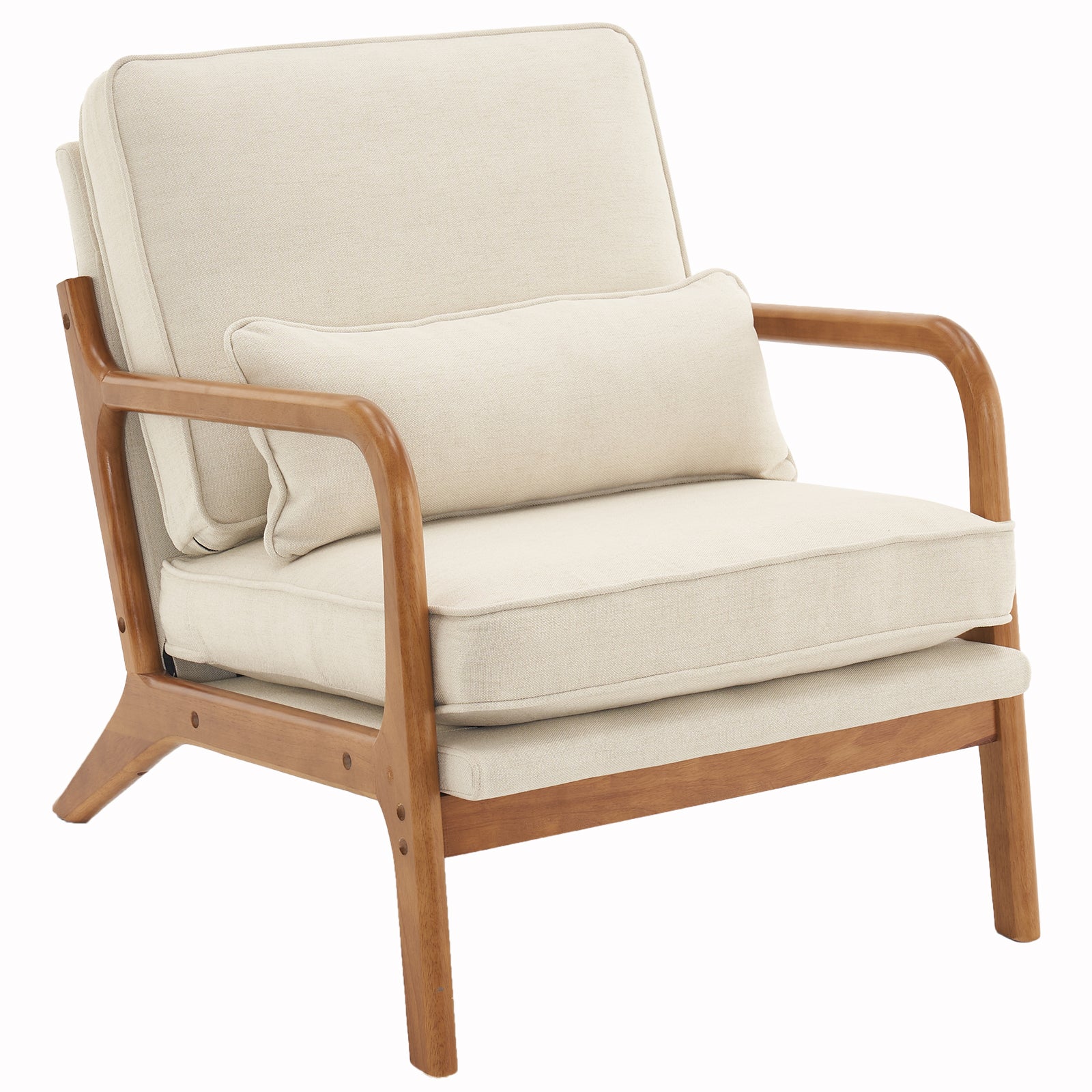 Accent Chairs, Single Linen Lounge Reading Armchair with Solid Wood Frame, Mid Century Modern Easy Assembly Arm Chairs for Living Room-Beige