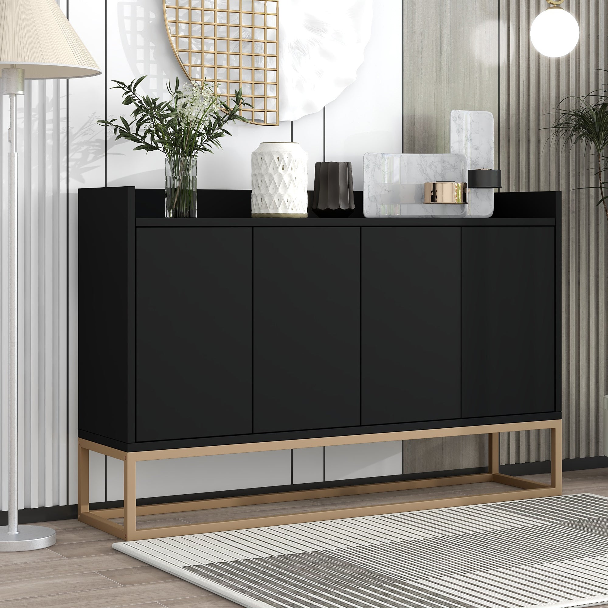 47" Modern Storage Cabinet, Console Table Sideboard Buffet Cabinet with 4 Doors & Gold Metal Base, Entryway Cupboard Furniture, Laundry Room Cabinet for Living Room, Dining Room, Kitchen, Black