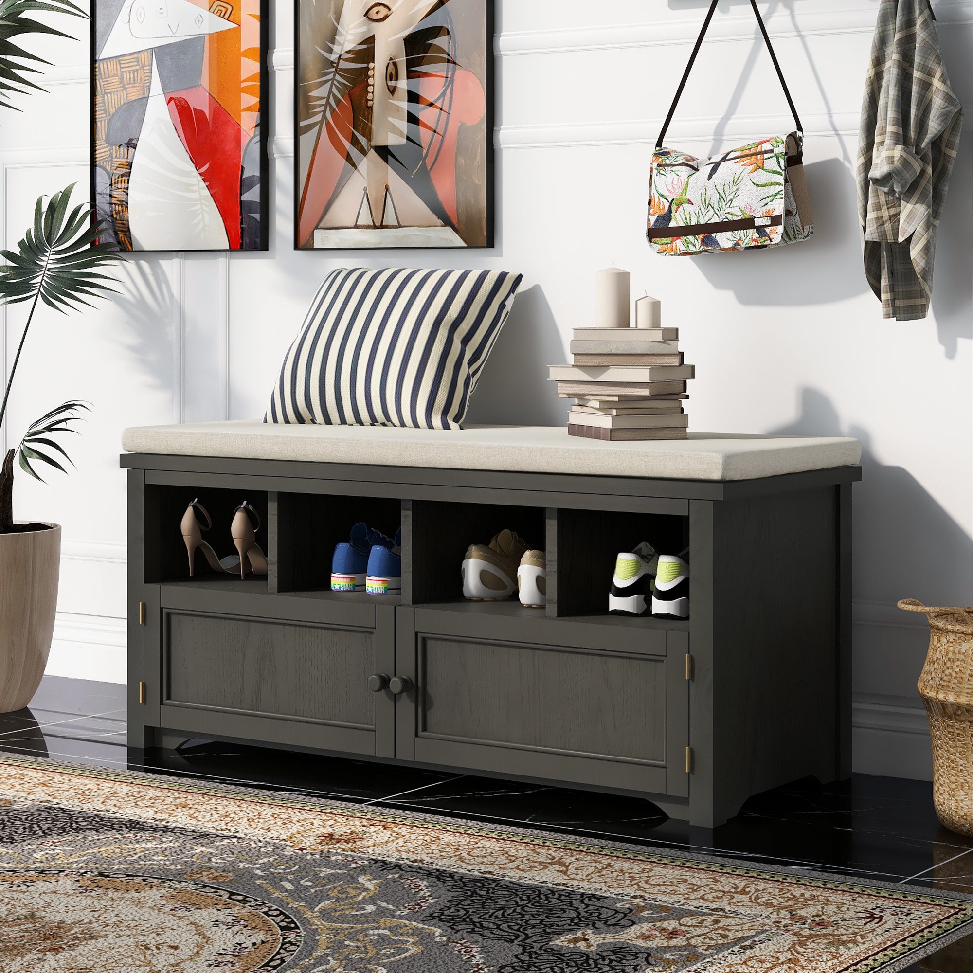 Storage Bench, Rustic Style 2-Door Storage Bench with 4 Small Storage Spaces and Linen Upholstered Top Cushion, Wood Storage Bench for Entryway, Foyer or a Mudroom, Dark Gray & Beige
