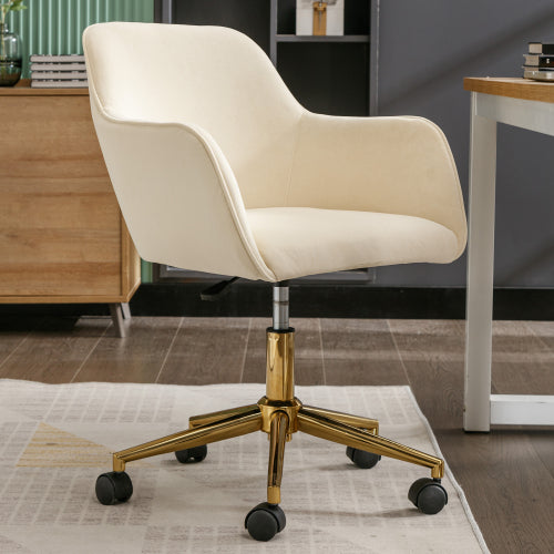 Swivel Home Office Chair, Velvet Upholstered Swivel Desk Chair with Gold Metal Legs and Swivel Wheels,Ergonomic Computer Tufted Task Armchair for Working Home Office Living Room Bedroom,Ivory