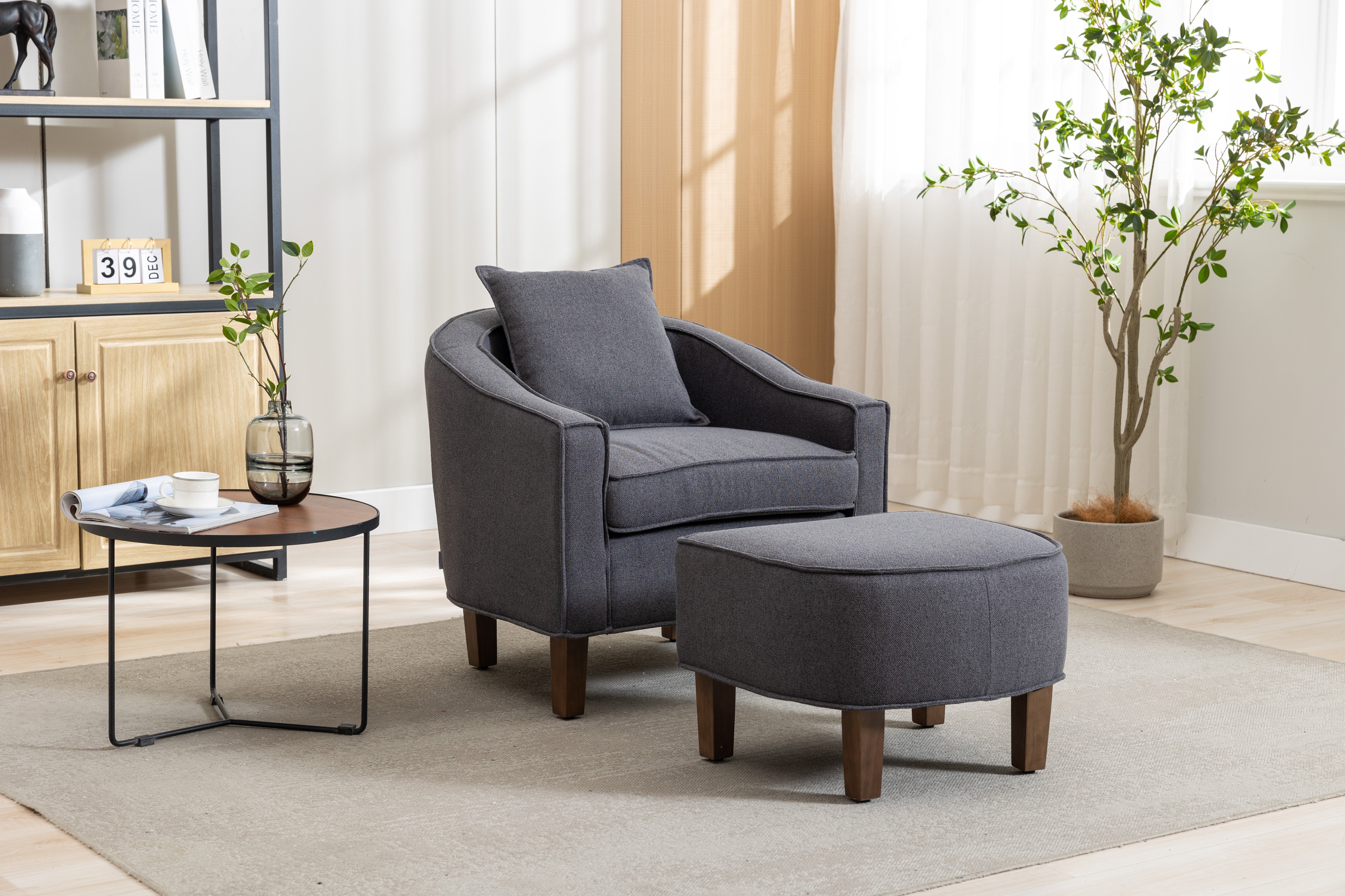 Accent Chair with Ottoman, Mid Century Modern Barrel Chair, Upholstered Armchair with Footstool and Pillow Club Tub Round Arms Chair with Wood Legs for Living Room, Bedroom, Office, Lounge, Dark Gray
