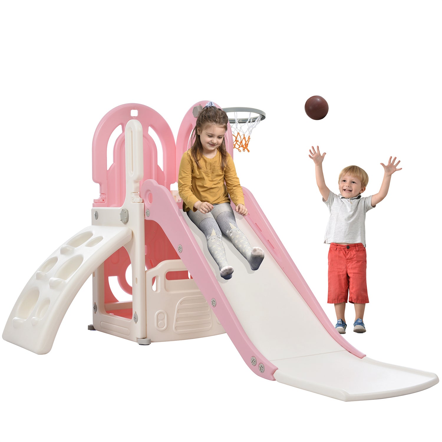 4 in 1 Toddler Slide Set with Basketball Hoop and Climbing Ramp, Indoor & Outdoor Playset with Freestanding Slide and Hidden Space for Toy Storage, for Children 1-4 Years Old, Pink